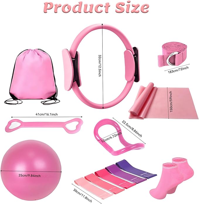 Pilates Equipment Kit for Women - Home Workout Set with Pilates Ring,9.8" Yoga Ball, 5 Resistance Bands, Magic Circle, for Legs, Arms, Thighs, Yoga Set for Beginners
