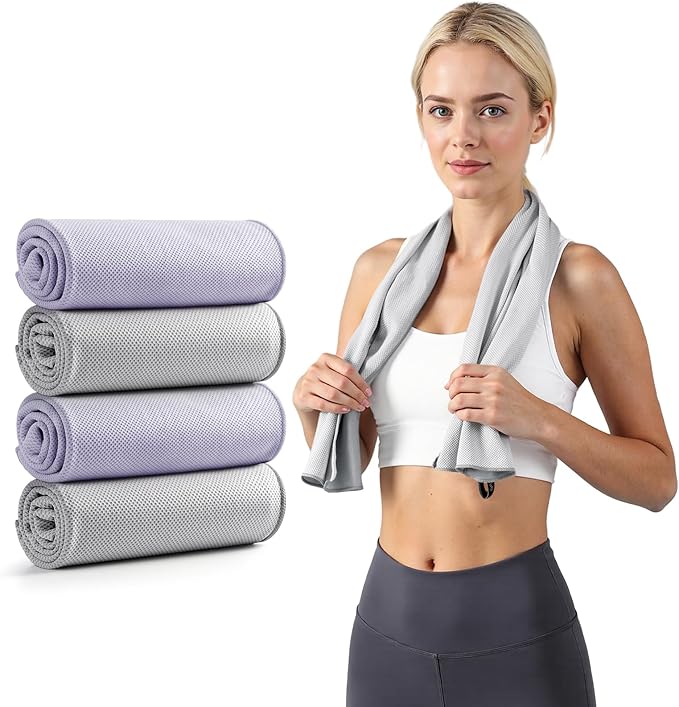 Cooling Towels for Neck and Face - 4 Pack Microfiber Gym Towels Set, 39" x 11" Microfiber Absorbent Towel for Sports Fitness, Yoga, Super Soft and Quick-Drying Gym Towels for Women Men, Grey Purple