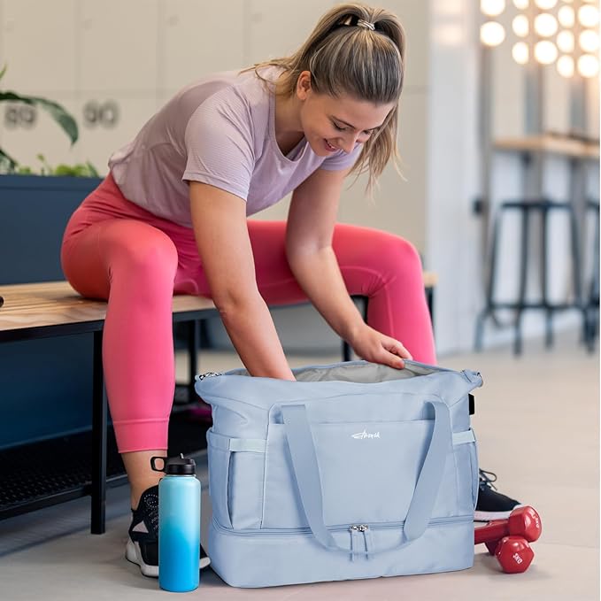 ETRONIK Gym Bag for Women, Travel Duffel Bag with USB Charging Port, Weekender Overnight Bag with Wet Pocket and Shoes Compartment for Women, Travel, Gym, Yoga, Bule, M