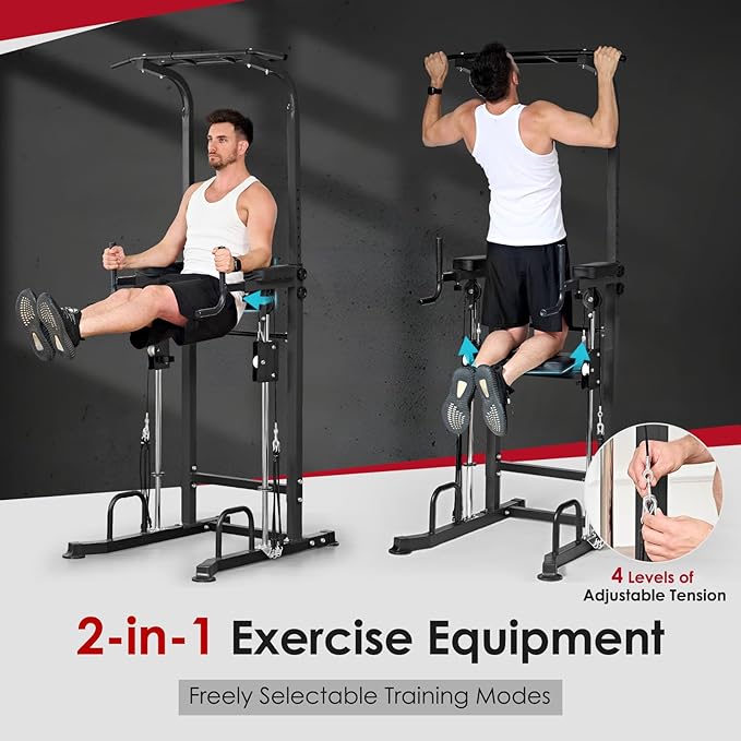 SogesGame Power Tower pull up dip station,Multi Function Adjustable Height Pull Up Bar of Assisted Pad,Strength Training Exercise Equipment with Elastic Rope for Home Gym Workout,330 Lbs