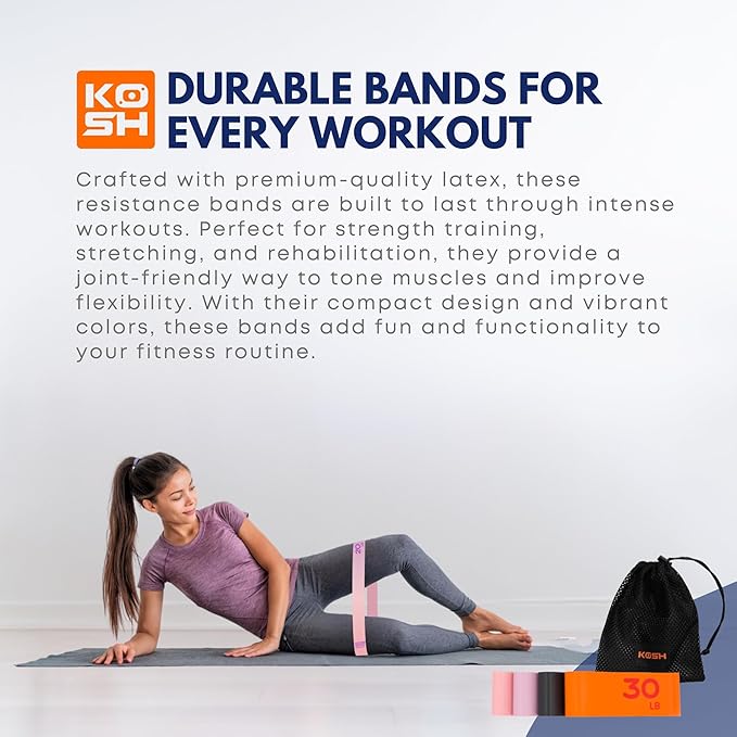Kosh Resistance Exercise Bands – Set of 4 Natural Latex Loop Bands for Workout, Stretching, Physical Therapy – Includes Mesh Carry Bag