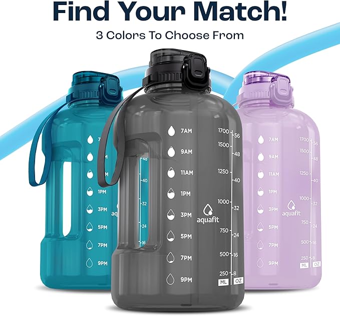 AQUAFIT Half Gallon Water Bottle with Time Marker - Straw & Chug Lid - BPA Free Gym Water Bottle with Straw - Big Gallon Jug (Gray, 64 oz - 2in1 Lid)