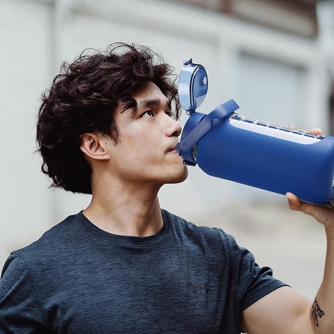 SIEROZUR 64 oz Glass Water Bottle with Straw and Handle Lid Half Gallon Motivational Glass Bottle with Silicone Sleeve and Time Marker Large Reusable Sports Water Jug for Gym Home Workout