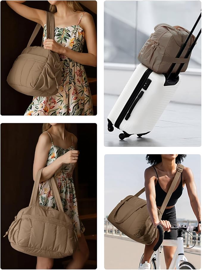 Travel Duffle Gym Bag for Women, Lightweight Puffer Carry on Weekender Bags with Wet Pocket Tote Yoga Workout Bag (Camel)
