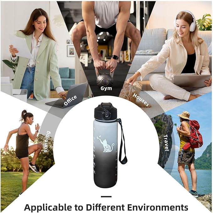 Floral Cat Water Bottle 32 Oz – Leakproof BPA Free Sport Water Bottle with Straw & Carry Strap, Motivational Time Marker for Gym, Fitness, Outdoor, Travel, Office, Biking, Cat Lover Black
