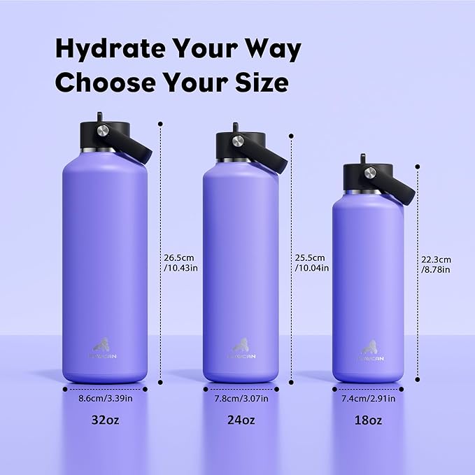 POWCAN 24 oz Travel Water Bottle: Standard Mouth, Leakproof, BPA-Free, Easy Hold Handle, Insulated Stainless Steel Thermos with Straw for School, Outdoors, Teens, Running, Sport, Trip (Violet's Tale)