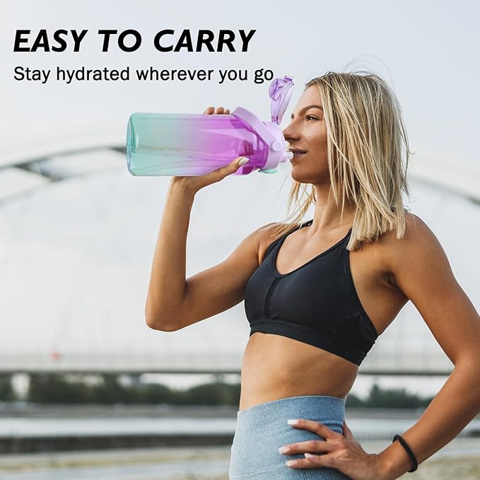 64oz Sports Water Bottle with Fruit Infuser, 2 in 1 Straw and Chug Motivational Water Bottle with Time Marker, Half Gallon Large Water Jug with Handle for Travel Fitness Gym Outdoor (Purple)
