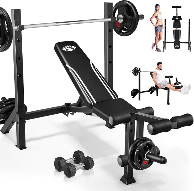 Adjustable Weight Bench Press Set 900LBS with 72''W Squat Rack & Leg Extension/Curl Foldable Workout Bench for Full Body Fitness Flat/Incline/Decline Upgrade Weight Benches for Home Gym