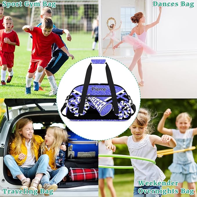 Personalized Gymnastics Cheer Bag Names for Girls Teens, Custom Name Sport Fitness Duffle Gym Training Bag Travel Weekender Lightweight Bags, Light Blue Glitter Black