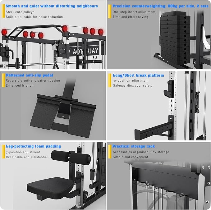 Smith Machine Strength Training Squat Rack with Smith Bar, Power Cage with LAT Pull-Down Systems, Cable Crossover Machine for Home Gym