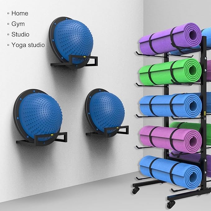 30Cm Wide Fitness Equipment Organizer Wall Mount, Half Ball Balance Trainer Storage Rack, Hanging Yoga Strap/Yoga Mat, Black