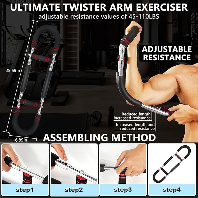 Twister Arm Trainer, Adjustable Chest Exerciser with 4 Spring, Detachable Power Twister Bar for Men Women, Portable Upper Body Strength Training Machine, Spring Resistance Fitness Equipment