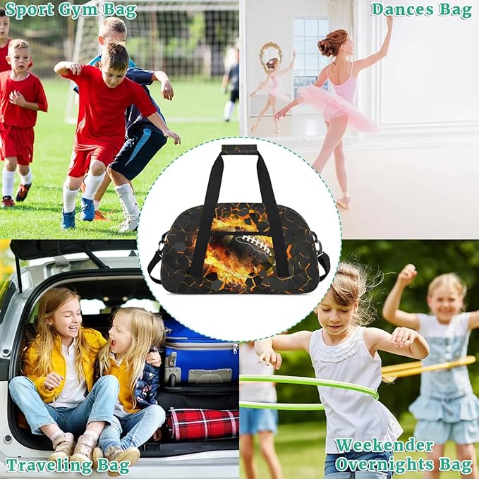 Kids Duffel Bag for Boys - Football Fire Sports Gym Bag Overnight Travel Weekender Bag Lightweight Carry On Sleepovers Bag for School Practice Gymnastics
