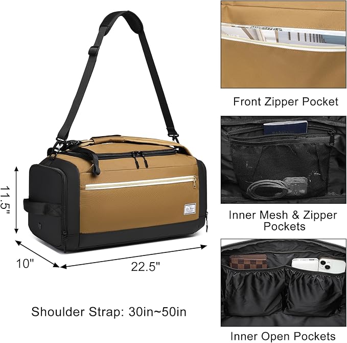 Gym Bags for Men with Shoes Compartment & Wet Pocket 4 Way Large Sports Duffle Bag Backpack Weekender Overnight Bag for Travel, Fitness, Workout, Training, Birthday Gift for Men, Brown