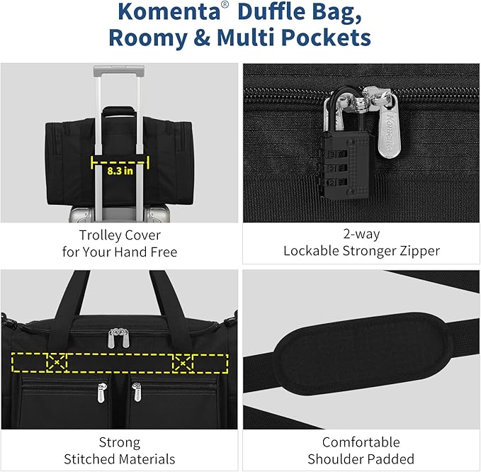 20 inch Gym Bag for Men, 40L Sports Duffle Bag with side pockets durable Weekend Overnight Bag for Travel, Workout, Fitness (Black)