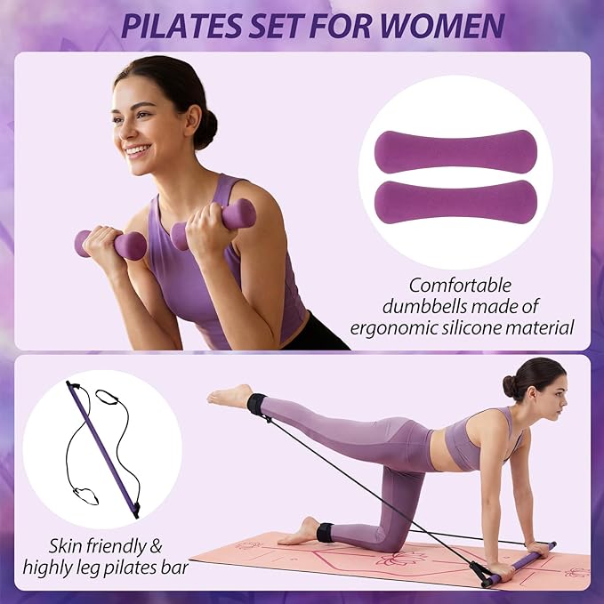 Soulchen 13 Pcs Pilates Equipment Kit for Home Workout Pilates Ring and Ball Set for Women 1.1lb *2 Ergonomic Bone Shaped Dumbbells with Resistance Bands, Yoga Strap, Bag