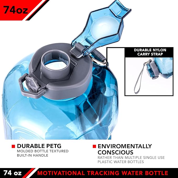 JFIT BPA Free Reusable Sports Water Bottle w/Time Markers, Leakproof Flip-Top Lid & Carry Strap – Durable PETG, 2.28" Wide-Mouth for Ice – Eco-Friendly, Odor-Free & Easy to Clean
