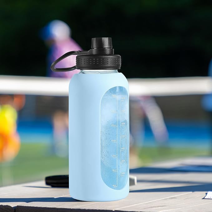 64 oz Glass Water Bottle With Straw and Handle, Half Gallon Sports Motivational Water Jug Flask with Silicone Sleeve, Large Water Cup with Time Marker for Travel, Gym, Sage