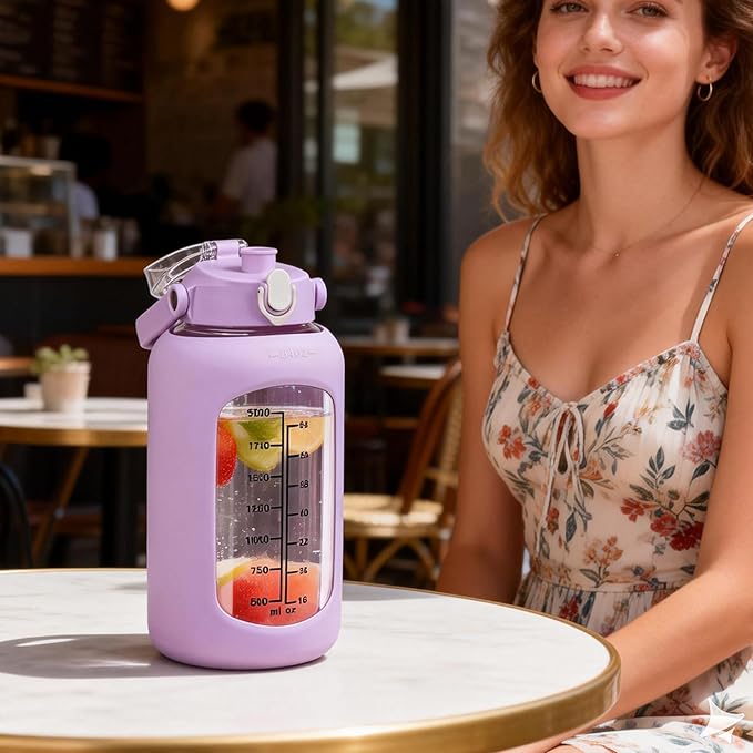 kytffu 84oz Glass Water Bottle with Straw, 2.5 Liter Large Water Bottle with Silicone Sleeve and OZ Marker, Wide Mouth Gallon Glass Bottle with 2-in-1 Lid, Leakproof Water Jug for Gym Home, Purple