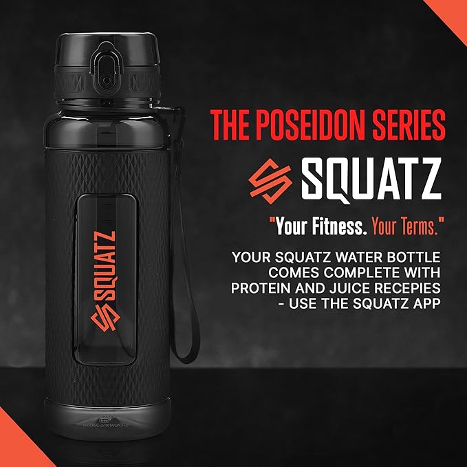 SQUATZ 24 Oz Poseidon Series Water Bottle for Protein and Fruit Shakes - Premium Quality Wide Mouth Gym Flask Fruit Infuser Strainer, Carrying Strap, Leak Resistance, No Condensation Sleeve,Black