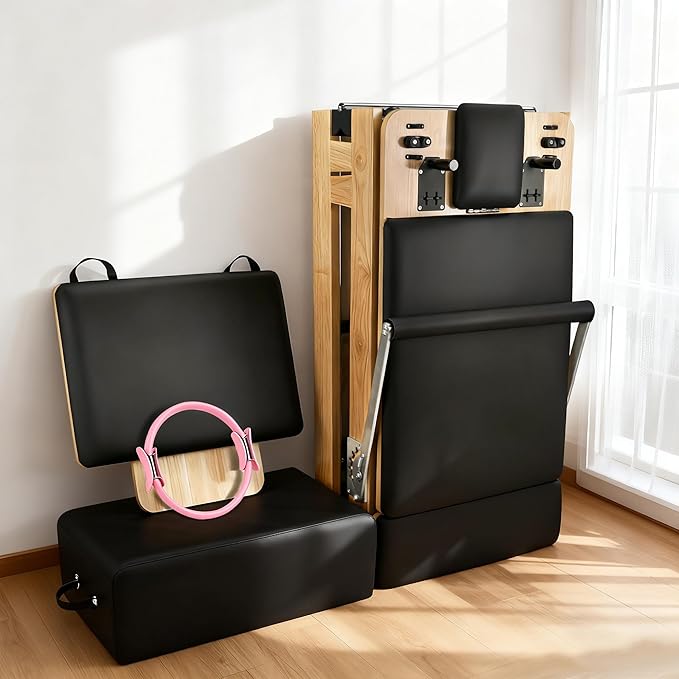 Pilates Reformer, Wooden Foldable Pilates Machine for Home Use, All-in-One Studio Equipment with 6 Springs, Jump Board, Sitting Box & Accessories 3t3 libras