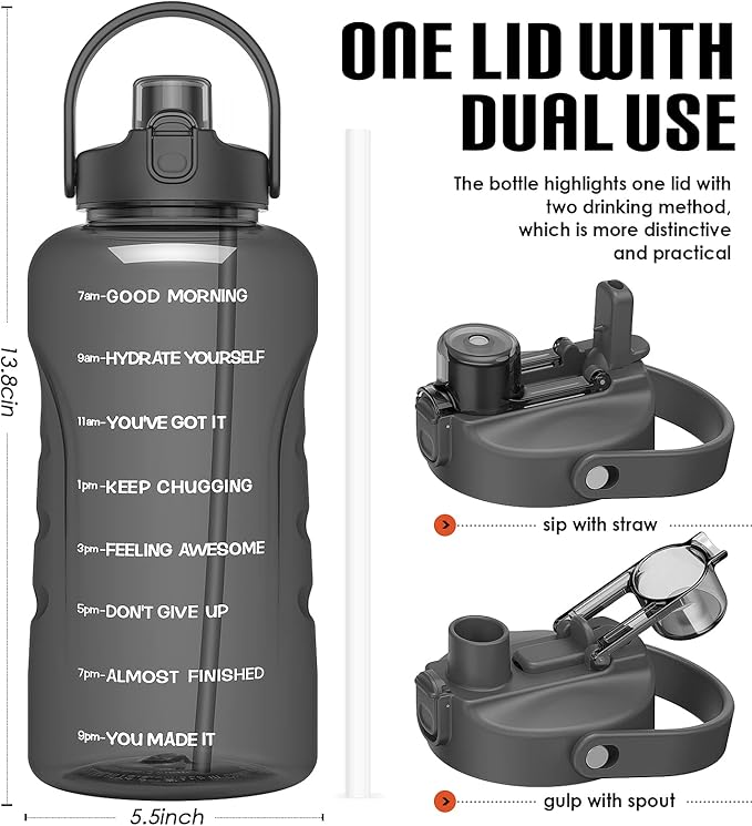 HydroPal 1 Gallon Water Bottles with Straw, 128 oz Water Bottle BPA Free Innovative 2-IN-1 Lid Gym Bottle with Times to Drink Motivational, Large for Sports Fitness Camping Water Jug (13.8X5.5 inch)