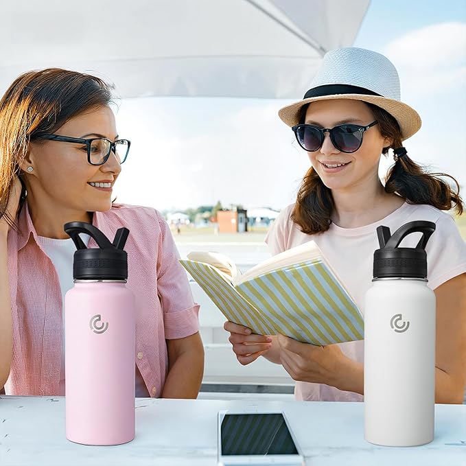 COKTIK 32oz Sports Water Bottle, Stainless Steel Water Bottle for Insulated, Reusable Travel Bottle, With Straw, With Handle Grip for Easy Carrying, Suitable for Cycling, Outdoor Vacations(White)