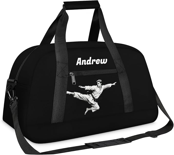 Custom Name Taekwondo Karate Duffle Bag for kids Boy Girls - Personalized Martial Arts Gear Bag, Water-Resistant Sparring Equipment Bag, Black Taekwondo