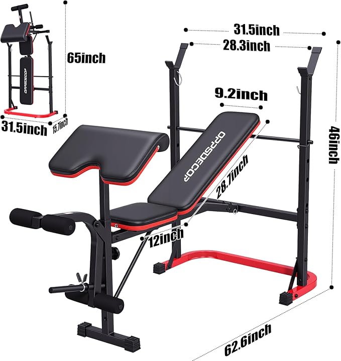 OPPSDECOR 661LBS Weight Bench Set, 8 in 1 Adjustable Bench Press with Squat Rack Leg Extension & Leg Curl Workout Bench with Safety Bar Catches Standard Weight Training Benches for Home Gym