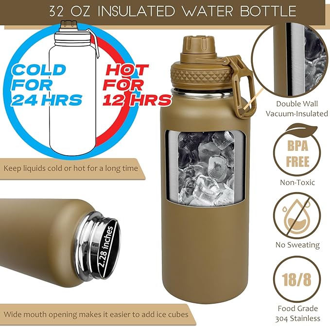 32 Oz Water Bottle with Sleeve - Insulated Bottle with Strap Stainless Steel Gym Water Bottles for Men Sports Workout Hiking Khaki