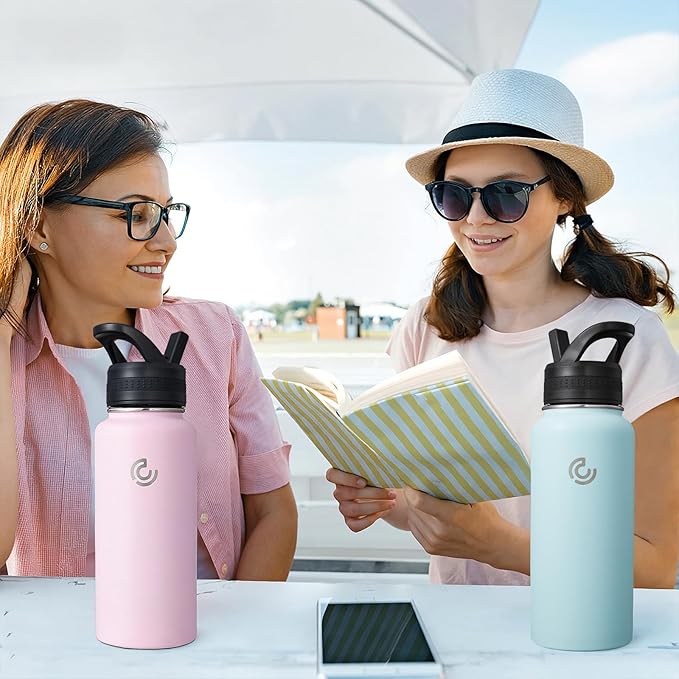 COKTIK 32oz Sports Water Bottle, Stainless Steel Water Bottle for Insulated, Reusable Travel Bottle, With Straw, With Handle Grip for Easy Carrying, Suitable for Cycling, Outdoor Vacations(Blush)