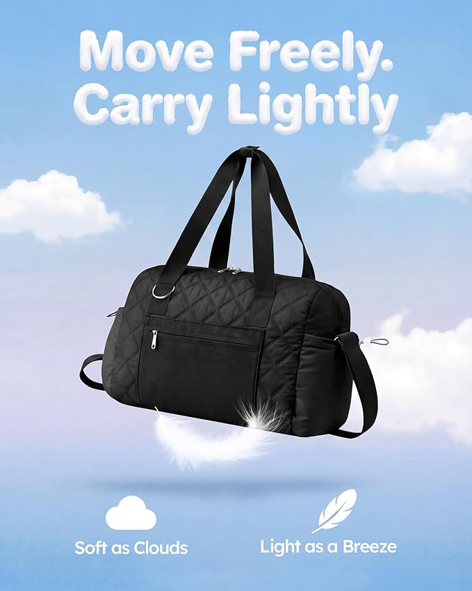 Puffer Gym Bag for Women, Quilted Weekender Bag for Travel, Lightweight Carry on Duffle for Sports Workout Dance Ballet Yoga Gymnastics Hospital with Wet Pocket, Black