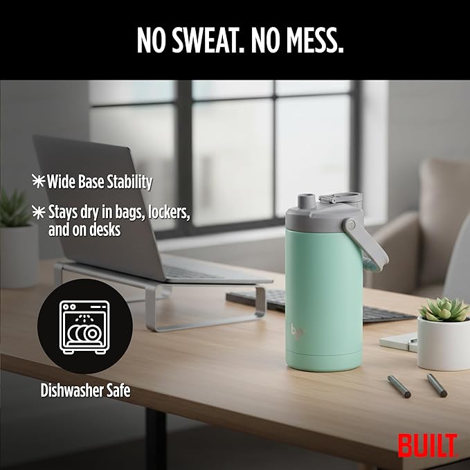 Built Byo 64 Oz Double Walled Insulated Stainless Steel Bottle (Mint) - BPA-Free Leakproof Chug Lid, Durable Sweat-Proof Silicone Grip Handle - Hydration Essential for Gym, Fitness, Healthy Lifestyle