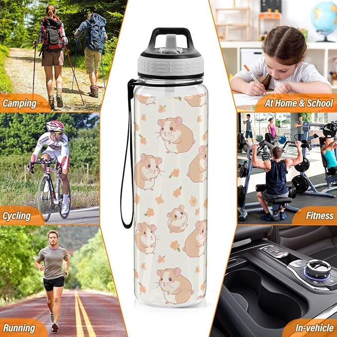 ALAZA Hipster Hamster Flower Floralhippo Sports Water Bottle with Straw Tritan Drink Bottle 32 oz BPA Free Reusable for Travel Outdoor Fitness
