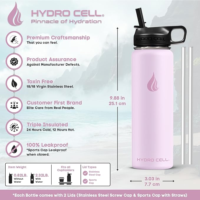 HYDRO CELL Stainless Steel Insulated Water Bottle with Straw - For Cold & Hot Drinks - Metal Vacuum Flask with Screw Cap and Modern Leakproof Sport Thermos for Adults (Pink 24oz)