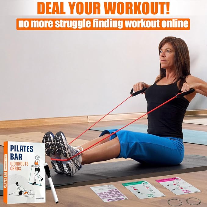 Pilates Bar Workouts for Women-58 Exercise Cards with Pilates Stick Work Out Postures,ncludes 4-Week Challenge,2 Rings& Dry-Erase for Easy Organization-Home, Gym or Studio