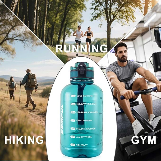 GEMFUL 64oz Motivational Water Bottle with Handle 2L Large Sports Jug for Gym Fitness Time Marker No Straw Leak Proof BPA Free (Cyan)