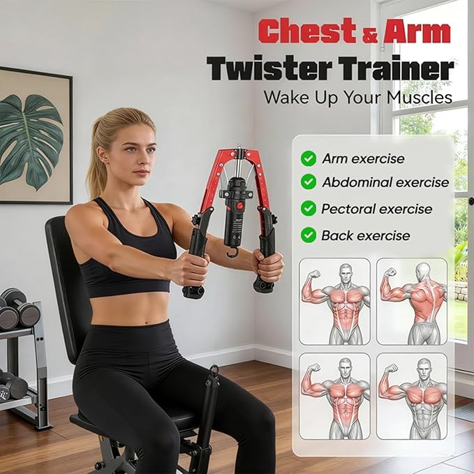 Twister Arm Exerciser, 3-in-1 Hydraulic Power Twister with Ab Roller Wheel, Adjustable 22–440LB Chest Expander & Arm Strengthener, Portable Home Gym Strength Training Device