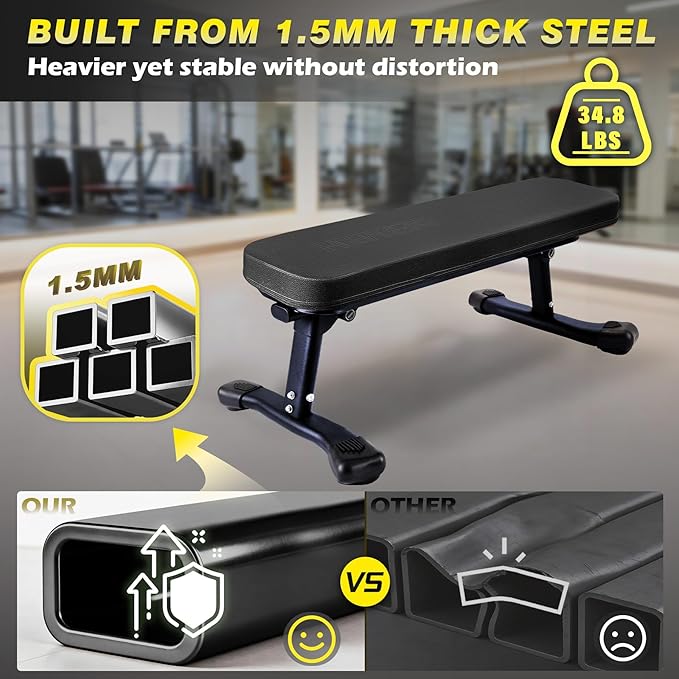 Flat Weight Bench, 2.4 Inch Thick Pad Workout Bench 660 LBS Bench Press Exercise Equipment for Home Gym Strength Weight Training