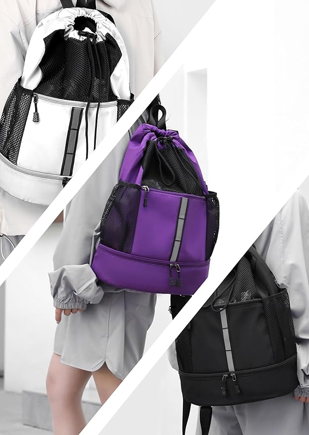 U.helper Waterproof Gym Drawstring Backpack, Sports Sack with Shoes Compartment & Wet Pockets for Ball/Beach/Swim Training