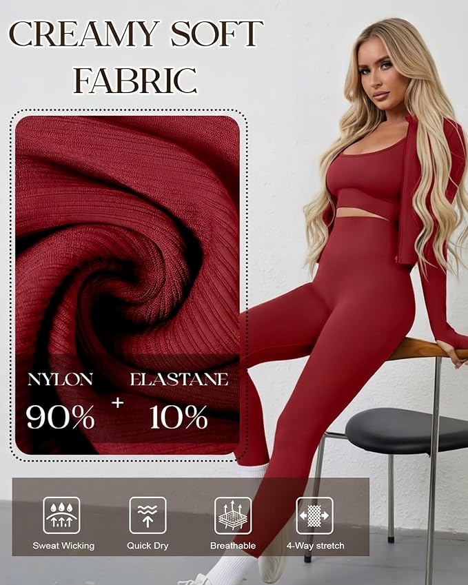 Women 3 Piece Seamless Workout Set Sports Bra High Waisted Gym Yoga Leggings Zip Up Jacket with Thumbhole Activewear