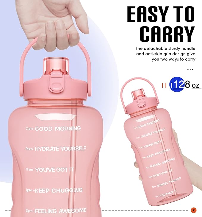 HydroPal 1 Gallon Water Bottles with Straw, 128 oz Water Bottle BPA Free Innovative 2-IN-1 Lid Gym Bottle with Times to Drink Motivational, Large for Sports Fitness Camping Water Jug (13.8X5.5 inch)
