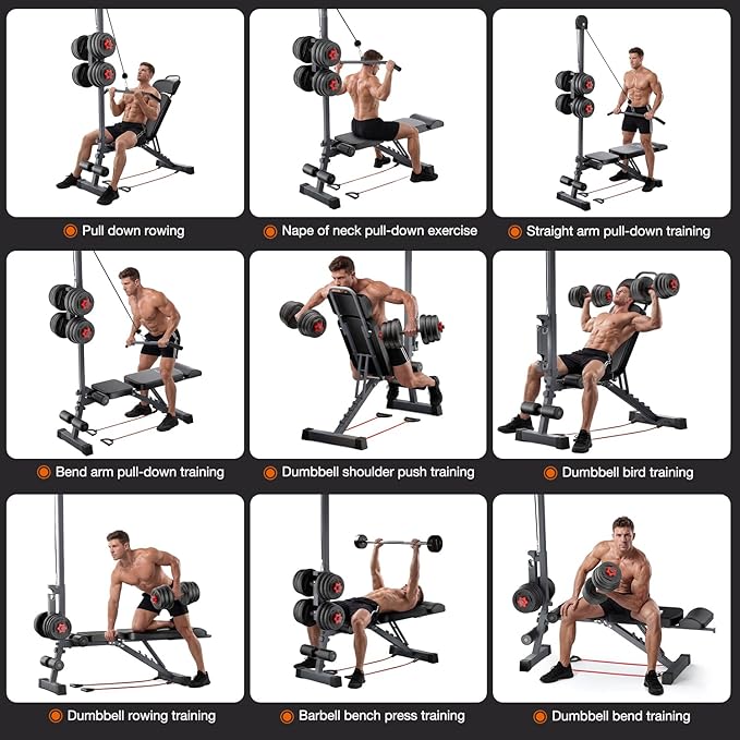 12-in-1 Home Gym LAT Pull Down & High Pulley System - Full Body Training Machine for Back, Chest, Arms & Tricep Workouts (Included Free Training Poster)