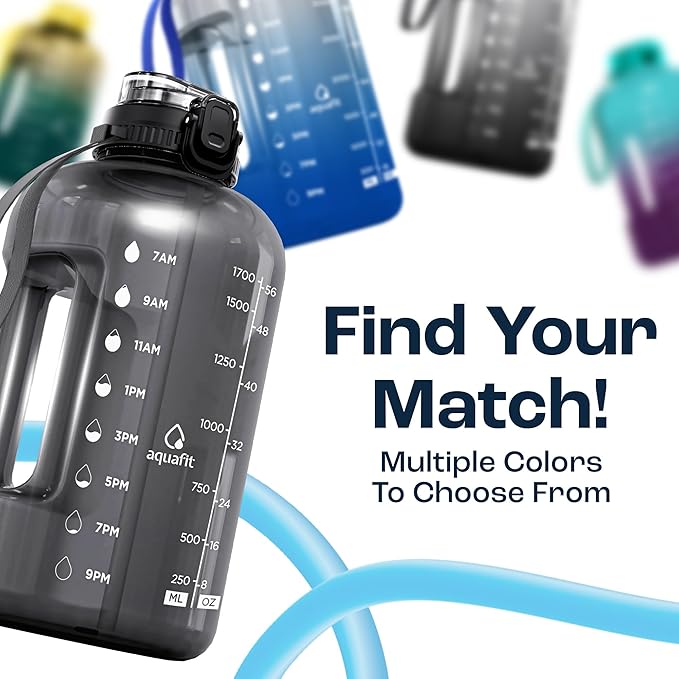 AQUAFIT Half Gallon Water Bottle with Time Marker - Straw & Chug Lid - BPA Free Gym Water Bottle with Straw - Big Gallon Jug (Gray, 64 oz - 2in1 Lid)