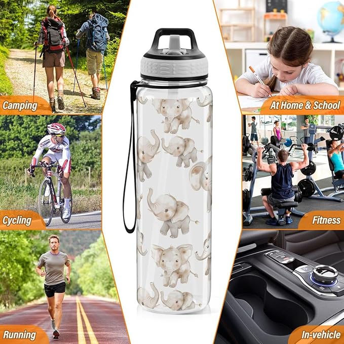 ALAZA Elephant on White Sports Water Bottle with Straw Tritan Drink Bottle 32 oz BPA Free Reusable for Travel Outdoor Fitness