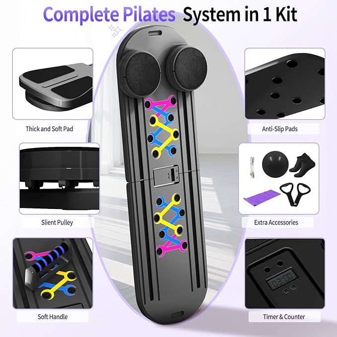 Pilates Board, Foldable Pilates Reformer Set for Home Workout with Timer, 6-in-1 Multifunctional Portable Reformer Pilates Machine at Home Pilates Equipment for Fitness, Exercise, Abs, Core Training