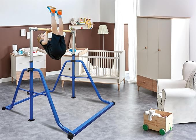 Foldable & Moveable Gymnastics Horizontal Bar with Rings,3’to 5’Adjustable Height Expandable Junior Kip Bar for Home,Indoor Gym Equipment for Kids