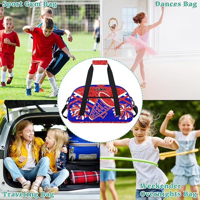 Custom Sports Gym Bag for Girls - Personalized Cheerleading, Dance, Gymnastics, Workout, Travel Overnight Duffel - Small Sleepover Bag, Red Glitters Royal Blue