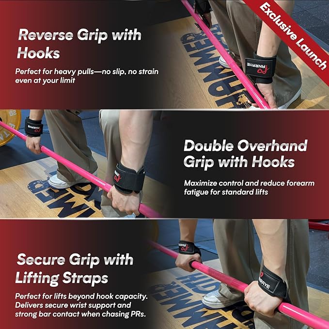 Weight Lifting Hooks & Wrist Straps Set – Lifting Hooks with Anti-Slip Grip, Adjustable Wrist Wraps for Weightlifting, Deadlifts, Powerlifting, Gym Straps for Men and Women