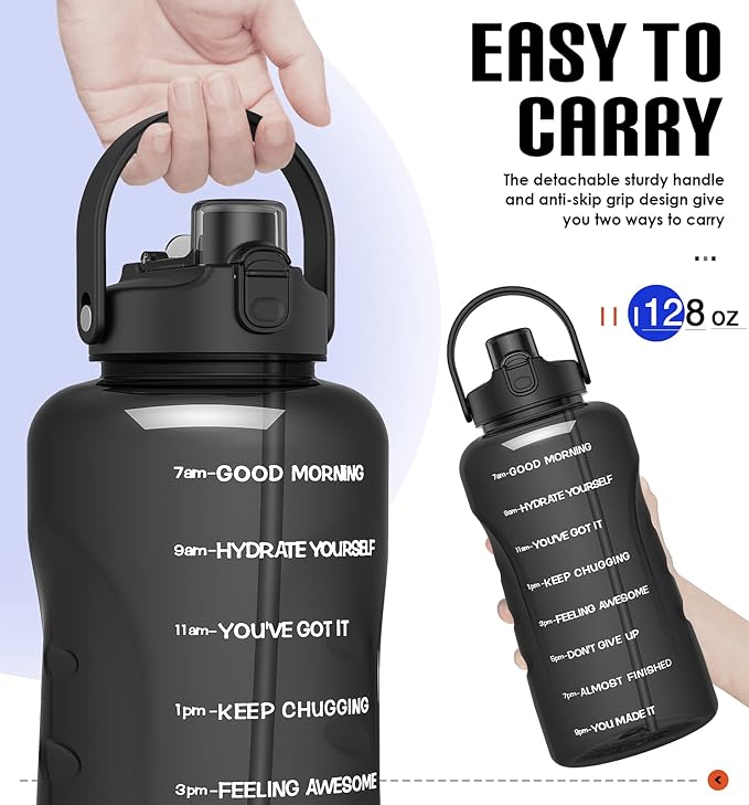 HydroPal 1 Gallon Water Bottles with Straw, 128 oz Water Bottle BPA Free Innovative 2-IN-1 Lid Gym Bottle with Times to Drink Motivational, Large for Sports Fitness Camping Water Jug (13.8X5.5 inch)